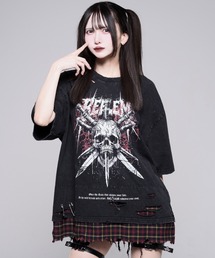 『REFLEM/レフレム』安ピン付きグランジチェックレイヤードTシャツ/ハーフスリーブカットソー