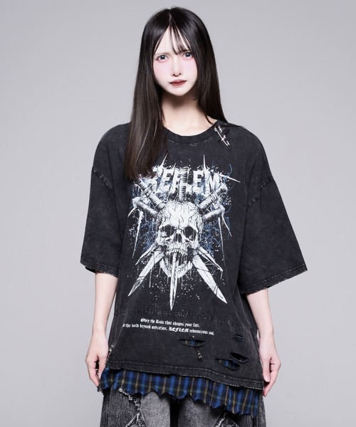 REFLEM（レフレム）の「『REFLEM/レフレム』安ピン付きグランジチェックレイヤードTシャツ/ハーフスリーブカットソー（Tシャツ/カットソー・レディース・ブラック×ブルー/ブラック×レッド・FREE）」の8枚目の写真