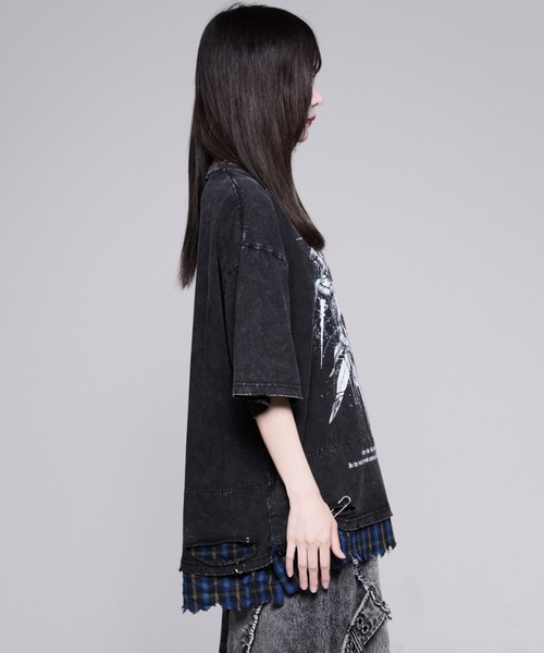 REFLEM（レフレム）の「『REFLEM/レフレム』安ピン付きグランジチェックレイヤードTシャツ/ハーフスリーブカットソー（Tシャツ/カットソー・レディース・ブラック×ブルー/ブラック×レッド・FREE）」の9枚目の写真