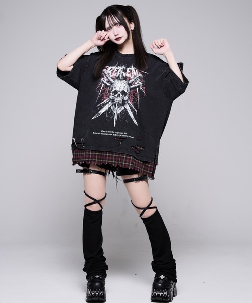 REFLEM（レフレム）の「『REFLEM/レフレム』安ピン付きグランジチェックレイヤードTシャツ/ハーフスリーブカットソー（Tシャツ/カットソー・レディース・ブラック×ブルー/ブラック×レッド・FREE）」の7枚目の写真
