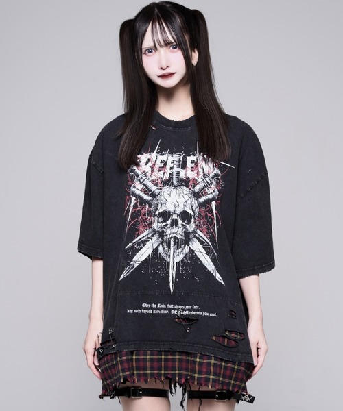 REFLEM（レフレム）の「『REFLEM/レフレム』安ピン付きグランジチェックレイヤードTシャツ/ハーフスリーブカットソー（Tシャツ/カットソー・レディース・ブラック×ブルー/ブラック×レッド・FREE）」の3枚目の写真