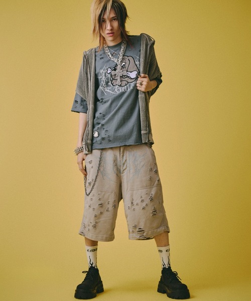 GALFY（ガルフィー）の「【GALFY】病みに溶かされし大ダメージTシャツ / 【ガルフィー】グラフィック刺しゅうロゴダメージ半袖Ｔシャツ（Tシャツ/カットソー・メンズ・ベージュ/グレー/チャコール・L/XL）」の11枚目の写真