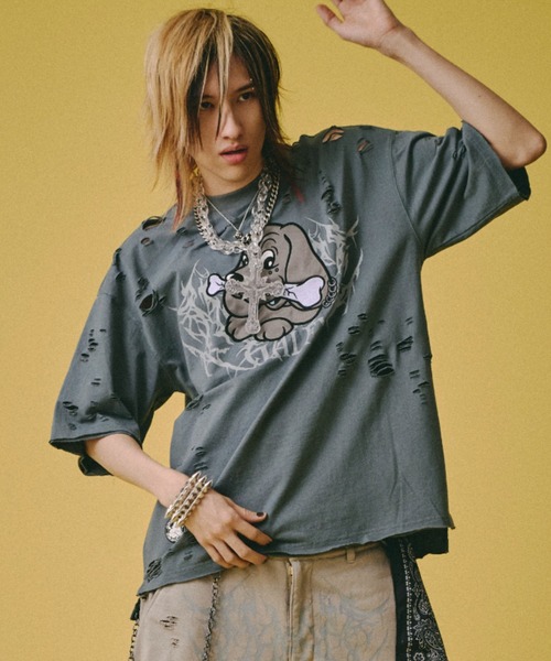 GALFY（ガルフィー）の「【GALFY】病みに溶かされし大ダメージTシャツ / 【ガルフィー】グラフィック刺しゅうロゴダメージ半袖Ｔシャツ（Tシャツ/カットソー・メンズ・ベージュ/グレー/チャコール・L/XL）」の7枚目の写真