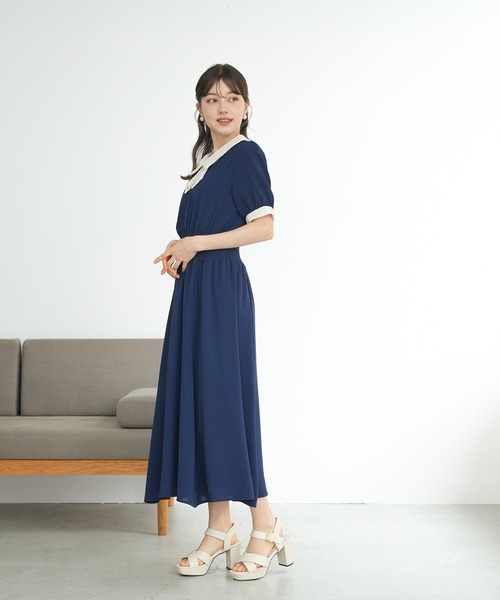 ASTORIA ODIER(アストリアオディール)の「レースリボン風襟ワンピース(ワンピース・レディース・ラベンダー/ネイビー/ブラック/ホワイト×ブラック・MEDIUM)」の6枚目の写真