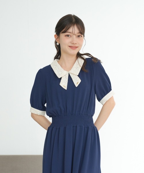 ASTORIA ODIER(アストリアオディール)の「レースリボン風襟ワンピース(ワンピース・レディース・ラベンダー/ネイビー/ブラック/ホワイト×ブラック・MEDIUM)」の8枚目の写真