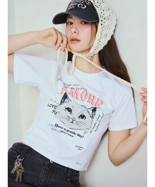 CALNAMUR(カルナムール)の「CAT Tシャツ(Tシャツ/カットソー・レディース・ホワイト/ピンク/オフホワイト/ブルー/ブラック・FREE)」の2枚目の写真