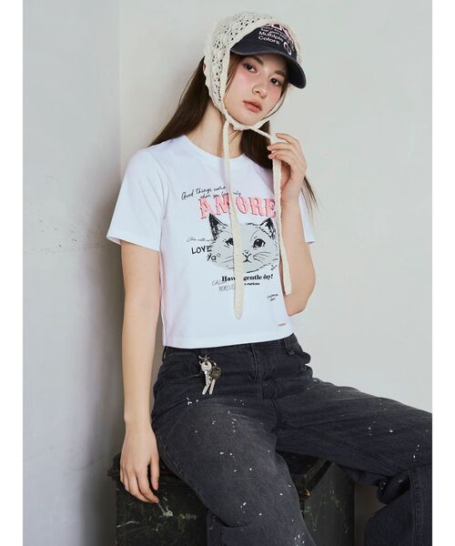 CALNAMUR(カルナムール)の「CAT Tシャツ(Tシャツ/カットソー・レディース・ホワイト/ピンク/オフホワイト/ブルー/ブラック・FREE)」の16枚目の写真