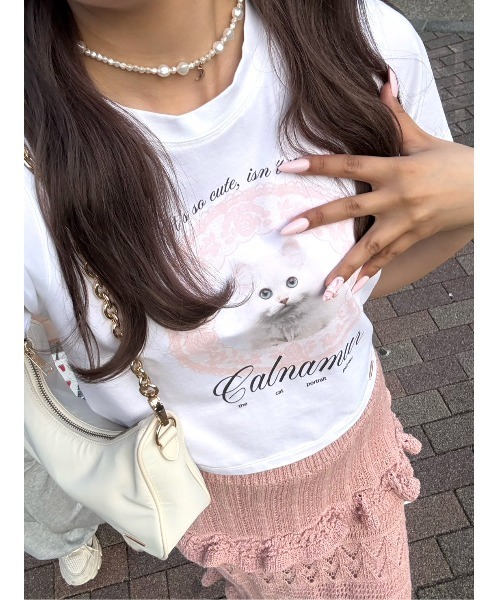 CALNAMUR(カルナムール)の「CAT Tシャツ(Tシャツ/カットソー・レディース・ホワイト/ピンク/オフホワイト/ブルー/ブラック・FREE)」の6枚目の写真