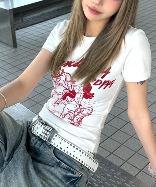 SHEENA（シーナ）の「カウガールロゴプリントフィットTシャツ（Tシャツ/カットソー・レディース・グレー/ホワイト・M）」の5枚目の写真