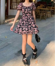 スクエアネックシャーリング花柄ミニワンピース