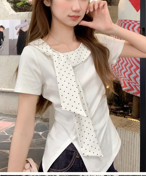 2ly2(トゥーリートゥー)の「ドットリボンデザイン半袖フィットトップス アシンメトリーカットソー レディース(Tシャツ/カットソー・レディース・グレー/ホワイト・FREE)」の7枚目の写真