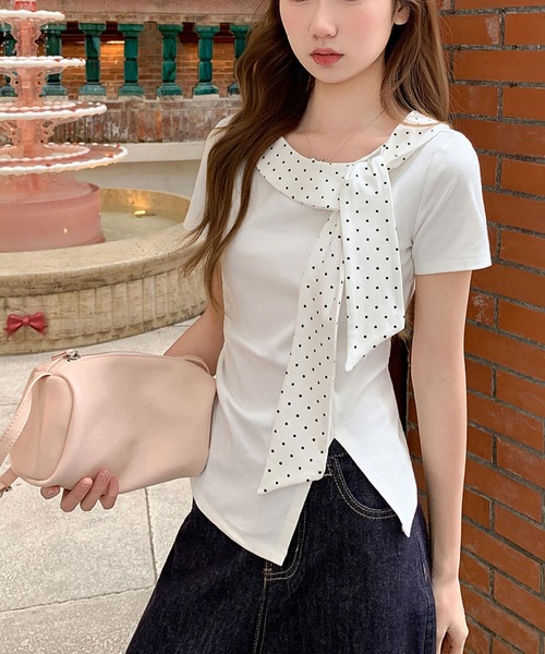 2ly2(トゥーリートゥー)の「ドットリボンデザイン半袖フィットトップス アシンメトリーカットソー レディース(Tシャツ/カットソー・レディース・グレー/ホワイト・FREE)」の8枚目の写真