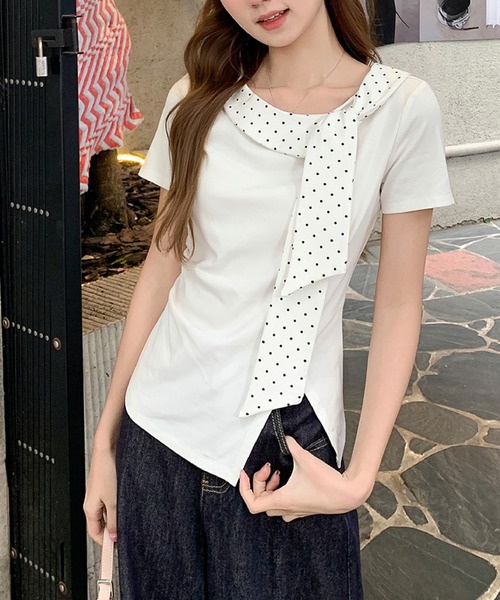 2ly2(トゥーリートゥー)の「ドットリボンデザイン半袖フィットトップス アシンメトリーカットソー レディース(Tシャツ/カットソー・レディース・グレー/ホワイト・FREE)」の9枚目の写真