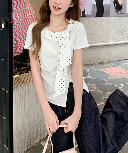 2ly2(トゥーリートゥー)の「ドットリボンデザイン半袖フィットトップス アシンメトリーカットソー レディース(Tシャツ/カットソー・レディース・グレー/ホワイト・FREE)」の12枚目の写真