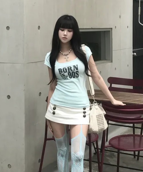 gossip!ロサンゼルス(ゴシップロサンゼルス)の「半袖 Tシャツ ロゴプリント タイト フィット 韓国風 ストリート Y2K(Tシャツ/カットソー・レディース・ミント・M)」の5枚目の写真