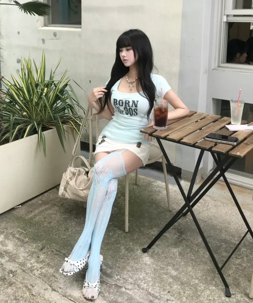 gossip!ロサンゼルス(ゴシップロサンゼルス)の「半袖 Tシャツ ロゴプリント タイト フィット 韓国風 ストリート Y2K(Tシャツ/カットソー・レディース・ミント・M)」の12枚目の写真