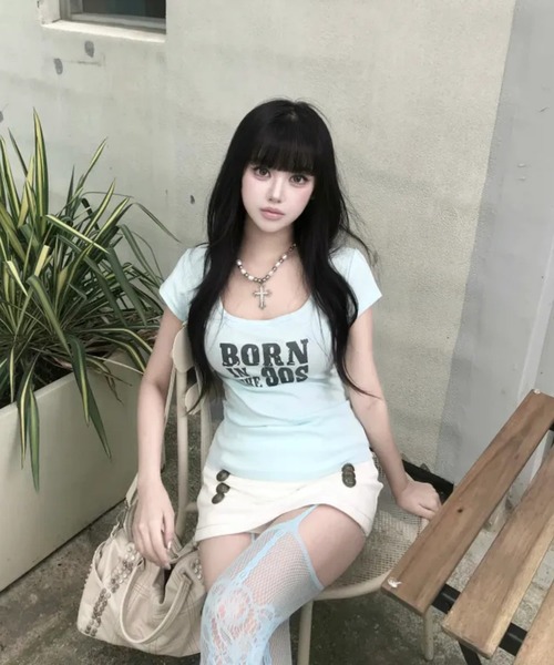 gossip!ロサンゼルス(ゴシップロサンゼルス)の「半袖 Tシャツ ロゴプリント タイト フィット 韓国風 ストリート Y2K(Tシャツ/カットソー・レディース・ミント・M)」の14枚目の写真