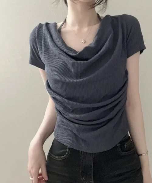 VIVID LADY（ビビッドレディー）の「ホルターレイヤード風 ドレープネック 半袖リブトップス（Tシャツ/カットソー・レディース・ブラック/アイボリー/チャコールグレー・FREE）」の3枚目の写真