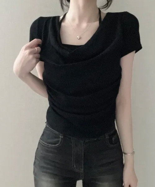 VIVID LADY（ビビッドレディー）の「ホルターレイヤード風 ドレープネック 半袖リブトップス（Tシャツ/カットソー・レディース・ブラック/アイボリー/チャコールグレー・FREE）」の13枚目の写真