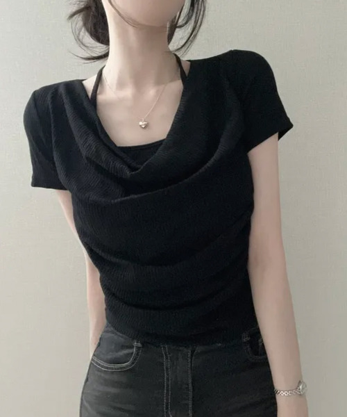 VIVID LADY（ビビッドレディー）の「ホルターレイヤード風 ドレープネック 半袖リブトップス（Tシャツ/カットソー・レディース・ブラック/アイボリー/チャコールグレー・FREE）」の14枚目の写真