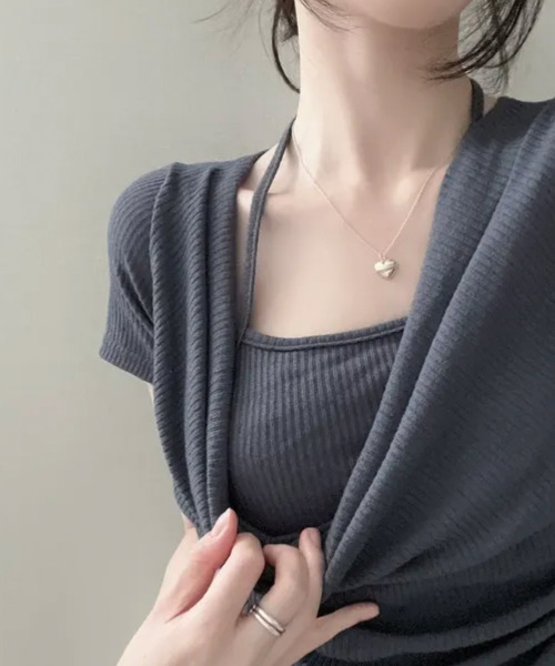 VIVID LADY（ビビッドレディー）の「ホルターレイヤード風 ドレープネック 半袖リブトップス（Tシャツ/カットソー・レディース・ブラック/アイボリー/チャコールグレー・FREE）」の15枚目の写真