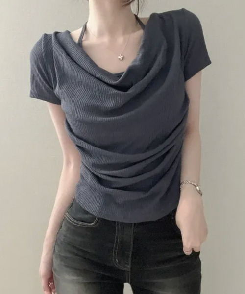 VIVID LADY（ビビッドレディー）の「ホルターレイヤード風 ドレープネック 半袖リブトップス（Tシャツ/カットソー・レディース・ブラック/アイボリー/チャコールグレー・FREE）」の16枚目の写真