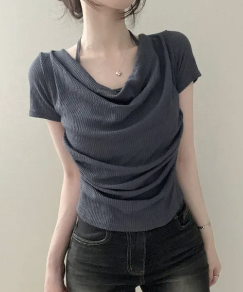 VIVID LADY（ビビッドレディー）の「ホルターレイヤード風 ドレープネック 半袖リブトップス（Tシャツ/カットソー・レディース・ブラック/アイボリー/チャコールグレー・FREE）」の18枚目の写真