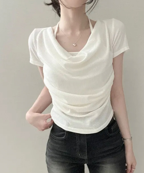 VIVID LADY（ビビッドレディー）の「ホルターレイヤード風 ドレープネック 半袖リブトップス（Tシャツ/カットソー・レディース・ブラック/アイボリー/チャコールグレー・FREE）」の9枚目の写真