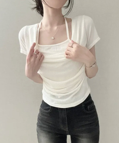 VIVID LADY（ビビッドレディー）の「ホルターレイヤード風 ドレープネック 半袖リブトップス（Tシャツ/カットソー・レディース・ブラック/アイボリー/チャコールグレー・FREE）」の10枚目の写真