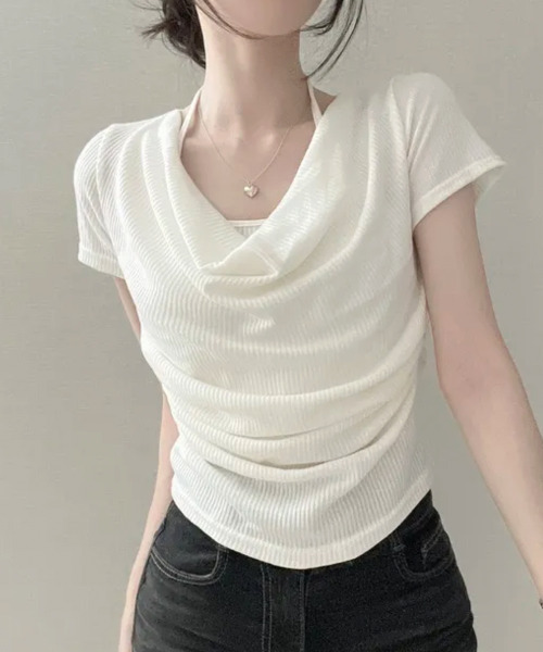VIVID LADY（ビビッドレディー）の「ホルターレイヤード風 ドレープネック 半袖リブトップス（Tシャツ/カットソー・レディース・ブラック/アイボリー/チャコールグレー・FREE）」の11枚目の写真