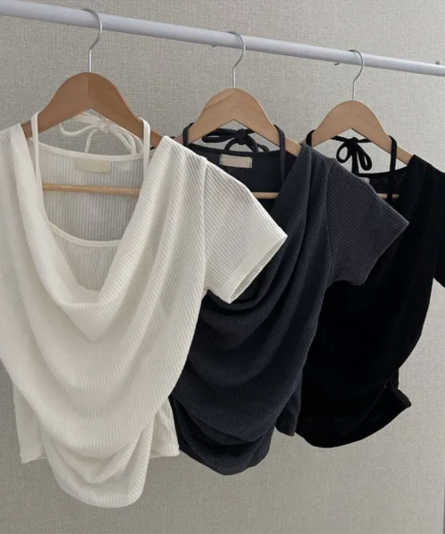 VIVID LADY（ビビッドレディー）の「ホルターレイヤード風 ドレープネック 半袖リブトップス（Tシャツ/カットソー・レディース・ブラック/アイボリー/チャコールグレー・FREE）」の12枚目の写真