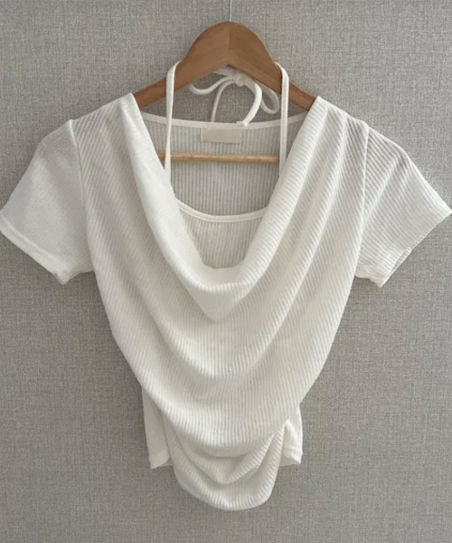 VIVID LADY（ビビッドレディー）の「ホルターレイヤード風 ドレープネック 半袖リブトップス（Tシャツ/カットソー・レディース・ブラック/アイボリー/チャコールグレー・FREE）」の5枚目の写真