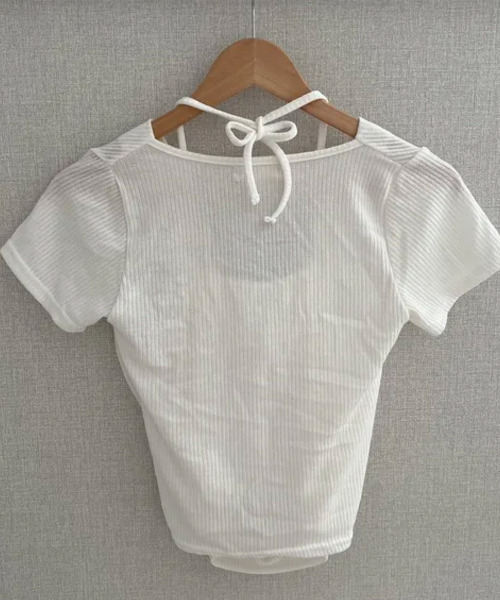 VIVID LADY（ビビッドレディー）の「ホルターレイヤード風 ドレープネック 半袖リブトップス（Tシャツ/カットソー・レディース・ブラック/アイボリー/チャコールグレー・FREE）」の4枚目の写真