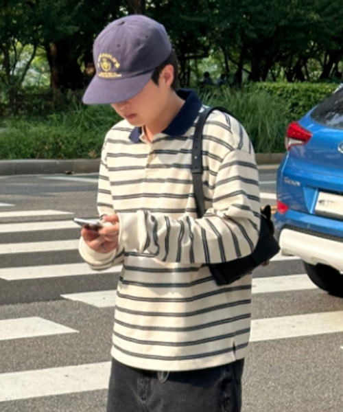 MINDBRIDGE（マインドブリッジ）の「カラー配色オーバーサイズストライプTシャツ（ポロシャツ・メンズ・アイボリー・100/110/95/105）」の5枚目の写真