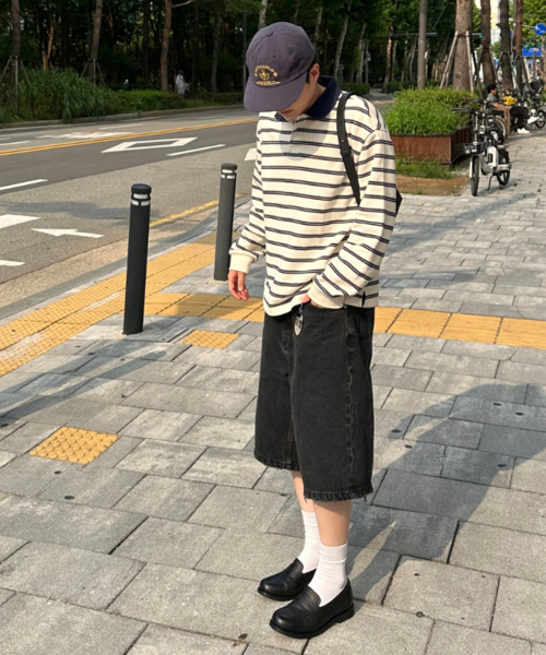 MINDBRIDGE（マインドブリッジ）の「カラー配色オーバーサイズストライプTシャツ（ポロシャツ・メンズ・アイボリー・100/110/95/105）」の6枚目の写真