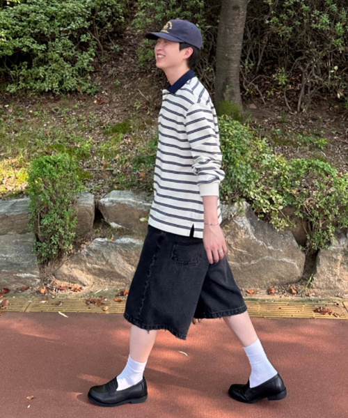 MINDBRIDGE（マインドブリッジ）の「カラー配色オーバーサイズストライプTシャツ（ポロシャツ・メンズ・アイボリー・100/110/95/105）」の7枚目の写真