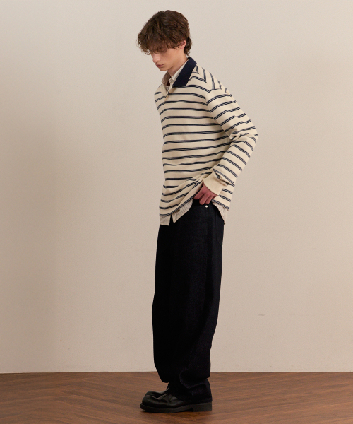 MINDBRIDGE（マインドブリッジ）の「カラー配色オーバーサイズストライプTシャツ（ポロシャツ・メンズ・アイボリー・100/110/95/105）」の8枚目の写真