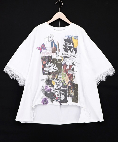 563218：アートコラージュ柄 天竺×レースTシャツ（Tシャツ/カットソー 