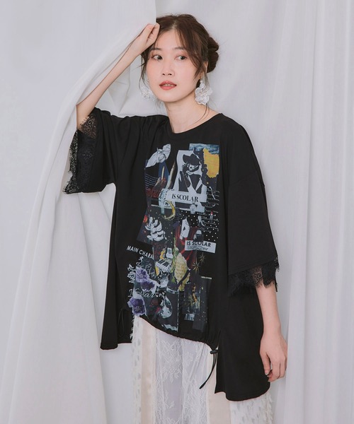 563218：アートコラージュ柄 天竺×レースTシャツ（Tシャツ/カットソー 