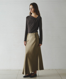 ALOHA unbalanced satin long skirt_KHAKI