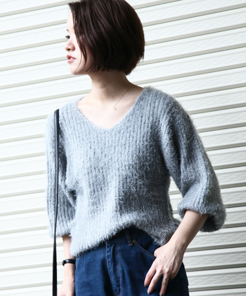 rps（アールピーエス）の「フェザーリブＶネック長袖ニットプルオーバー（ニット/セーター・レディース・ピンク/アイボリー/杢グレー/マスタード/ボルドー・M）」の3枚目の写真