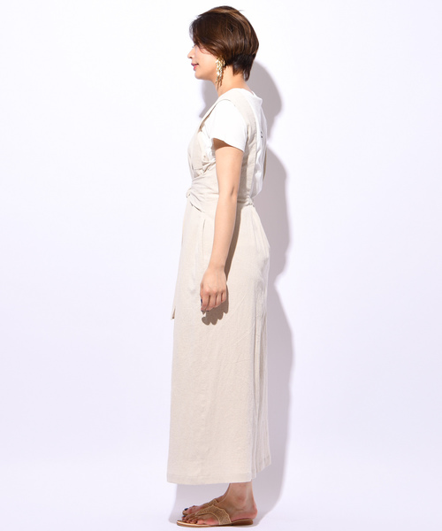 CIAOPANIC(チャオパニック)の「リネン混ウエストリボンサロペット(サロペット/オーバーオール・レディース・ベージュ/ネイビー・FREE)」の3枚目の写真