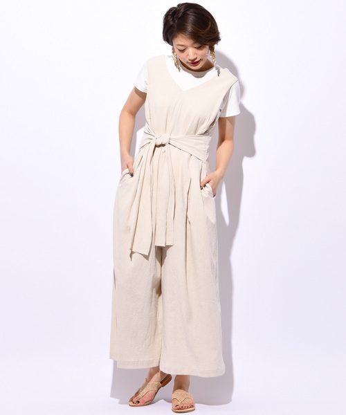 CIAOPANIC(チャオパニック)の「リネン混ウエストリボンサロペット(サロペット/オーバーオール・レディース・ベージュ/ネイビー・FREE)」の4枚目の写真