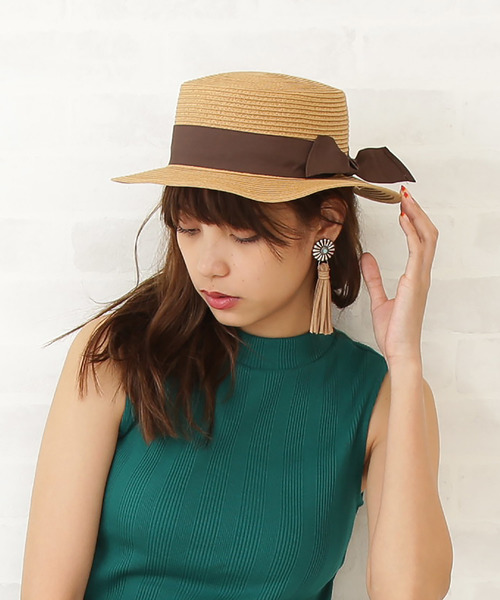 FREE'S MART（フリーズマート）の「ベーシックカンカン帽（ハット・レディース・ホワイト/ブラウン・ﾌﾘ-）」の2枚目の写真