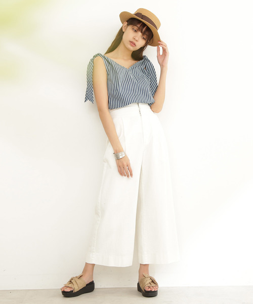 FREE'S MART（フリーズマート）の「ベーシックカンカン帽（ハット・レディース・ホワイト/ブラウン・ﾌﾘ-）」の4枚目の写真