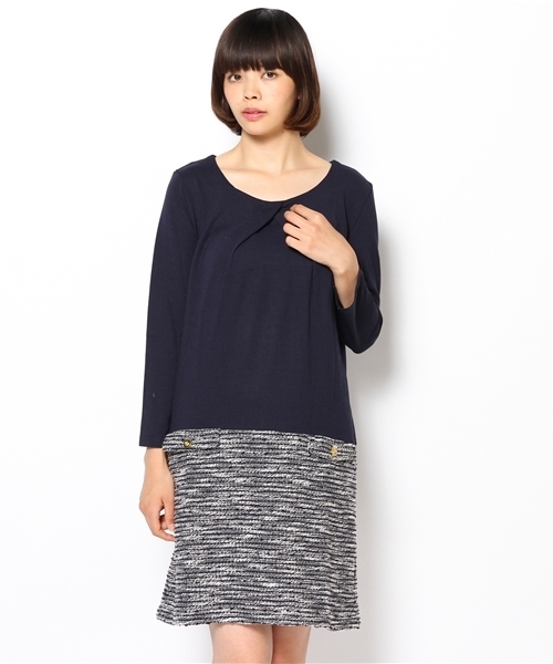 ROPE' PICNIC(ロペピクニック)の「【着丈が選べる】ツイードジャガード切替ワンピース(レギュラー丈)(ワンピース・レディース・ネイビー/ブラック/ベージュ・38/40)」の3枚目の写真