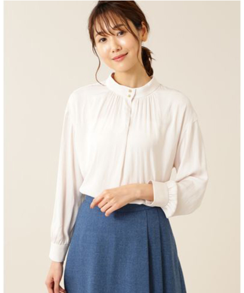 NATURAL BEAUTY BASIC（ナチュラルビューティーベーシック）の「ヴィンテージサテンギャザーブラウス（シャツ/ブラウス・レディース・ネイビー/オフホワイト/ピンク/ピンク系その他5・SMALL/MEDIUM）」の2枚目の写真