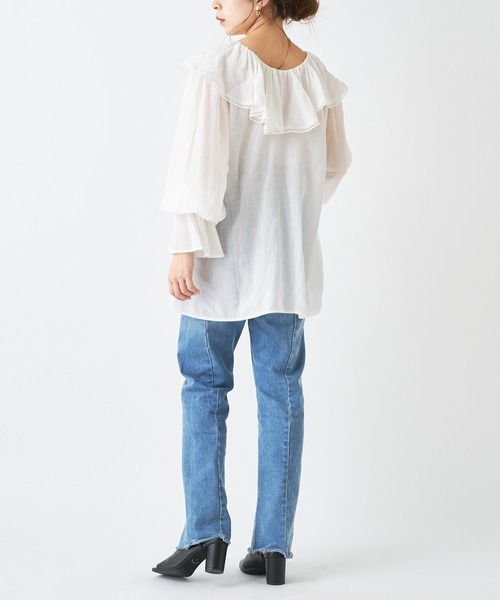 【mochi】Cygne　プリーツカラーブラウス フリル襟 プルオーバー mochi様専用】Cygne プリーツカラーブラウス フリル襟 プル