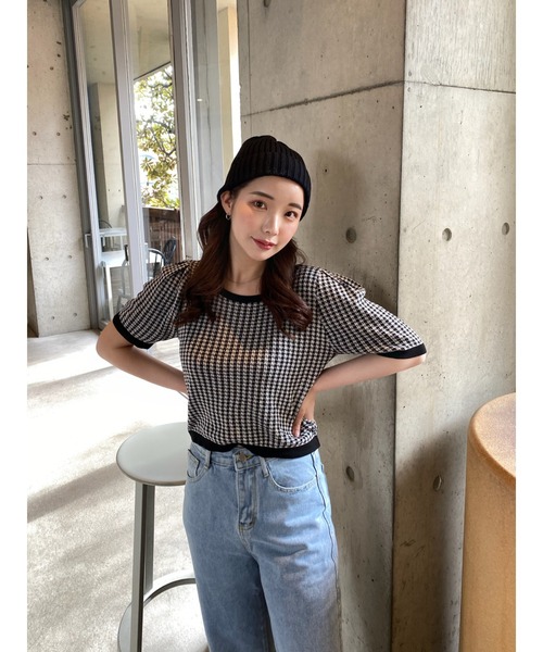 emutto（エミュット）の「【select】ギンガムチェック半袖プルオーバー（ニット/セーター・レディース・ブラック・FREE）」の5枚目の写真