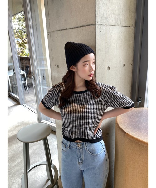 emutto（エミュット）の「【select】ギンガムチェック半袖プルオーバー（ニット/セーター・レディース・ブラック・FREE）」の3枚目の写真